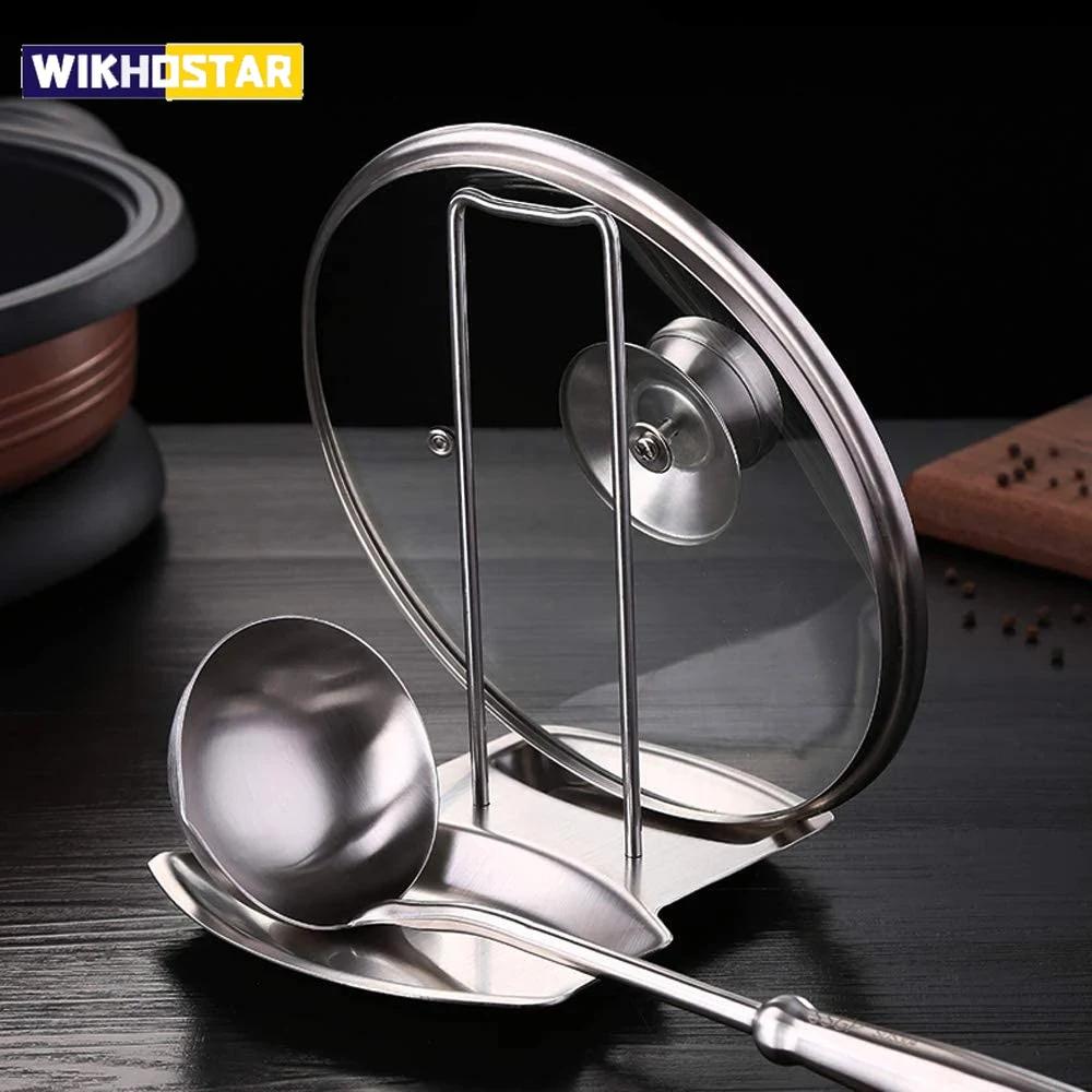 Accessori per la cucina con coperchio per pentola in acciaio inossidabile, ripiano per padella staccabile, porta spatola multifunzionale, supporto per cucchiaio