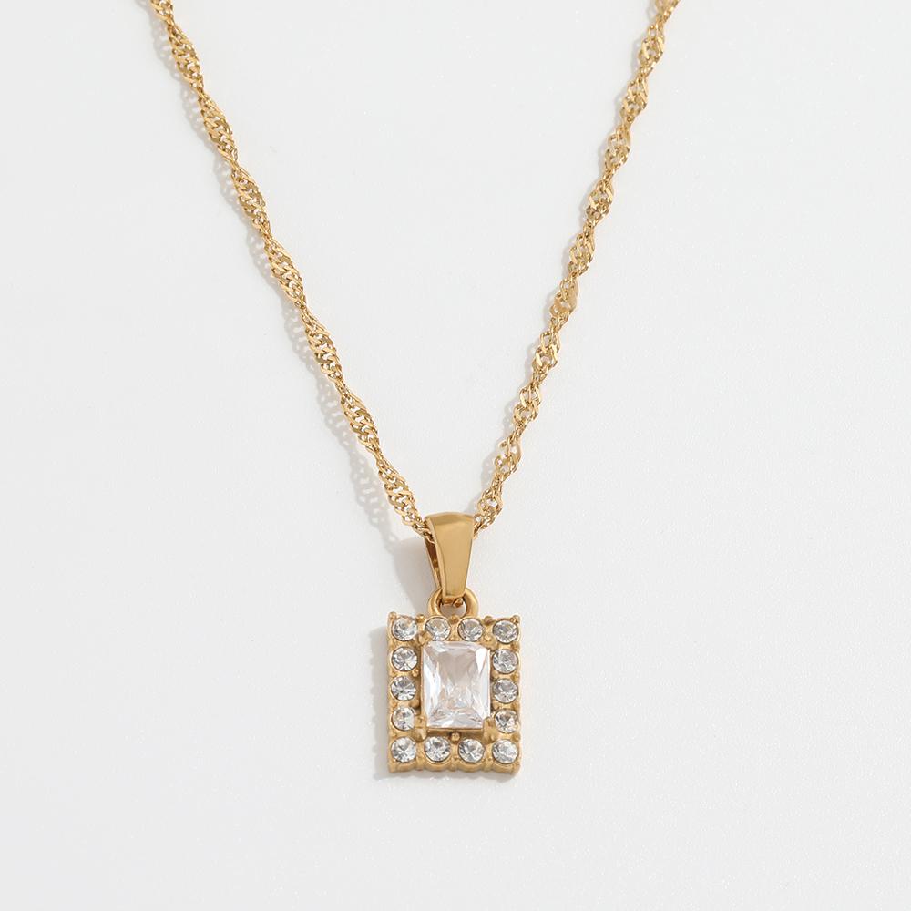 Joolim Jewelry 18k Pvd Gold Plated Luxury Vintage Blue Emerald Clear Pink Purple Zirconia Rectangle Stainless Steel Pendant Ne