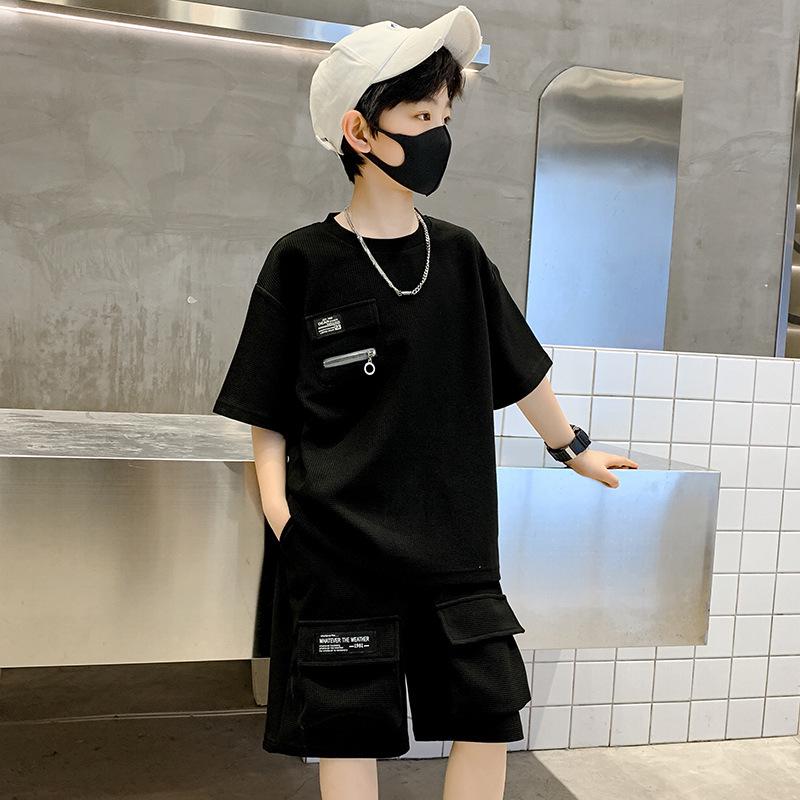 

Летний повседневный костюм-двойка для мальчиков 2023 г. из вафельной ткани - с коротким рукавом 160 cm чёрный