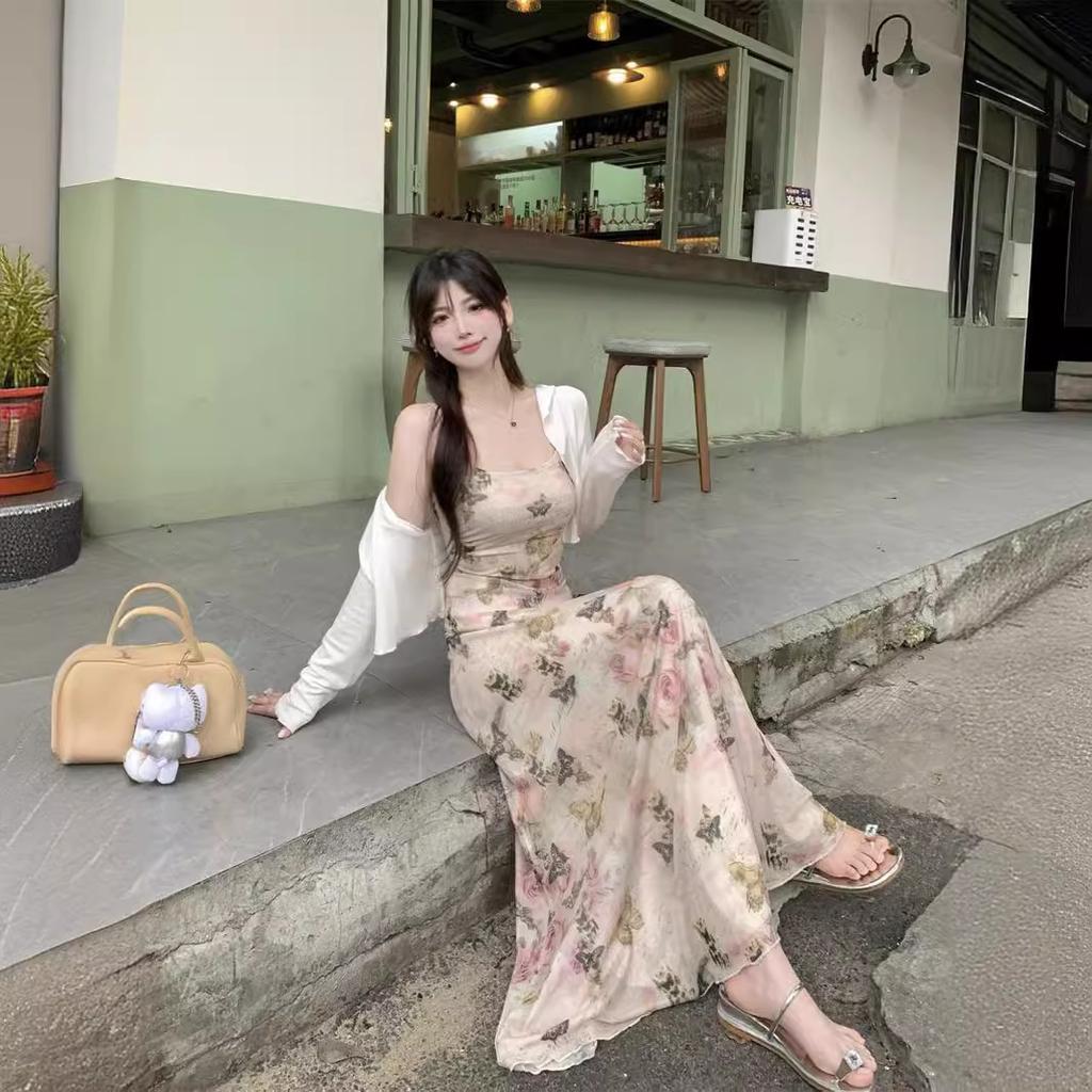 Coffee Break French Butterfly Suspender Suit Dress Women's Summer New Holiday Style Beautiful Feeling Waist Thin Pure Desire Skirt