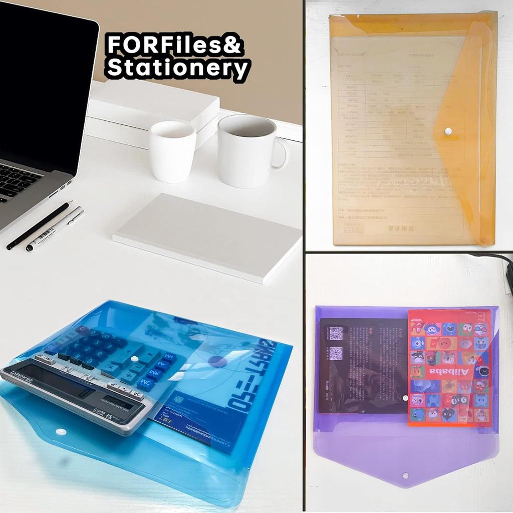 Plastic Envelopes (Pack of 8) - 8 Colors, A4 Size, Poly File Folder with Snap Closure for Home Office School Organization (12.9 x 9.25 inches)