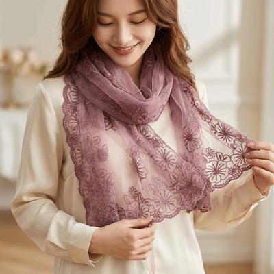 Retro Elegant Lace Scarf Long Thin Retro Style Headscarf Thin Literary Embroidered Flower Shawl Sunscreen