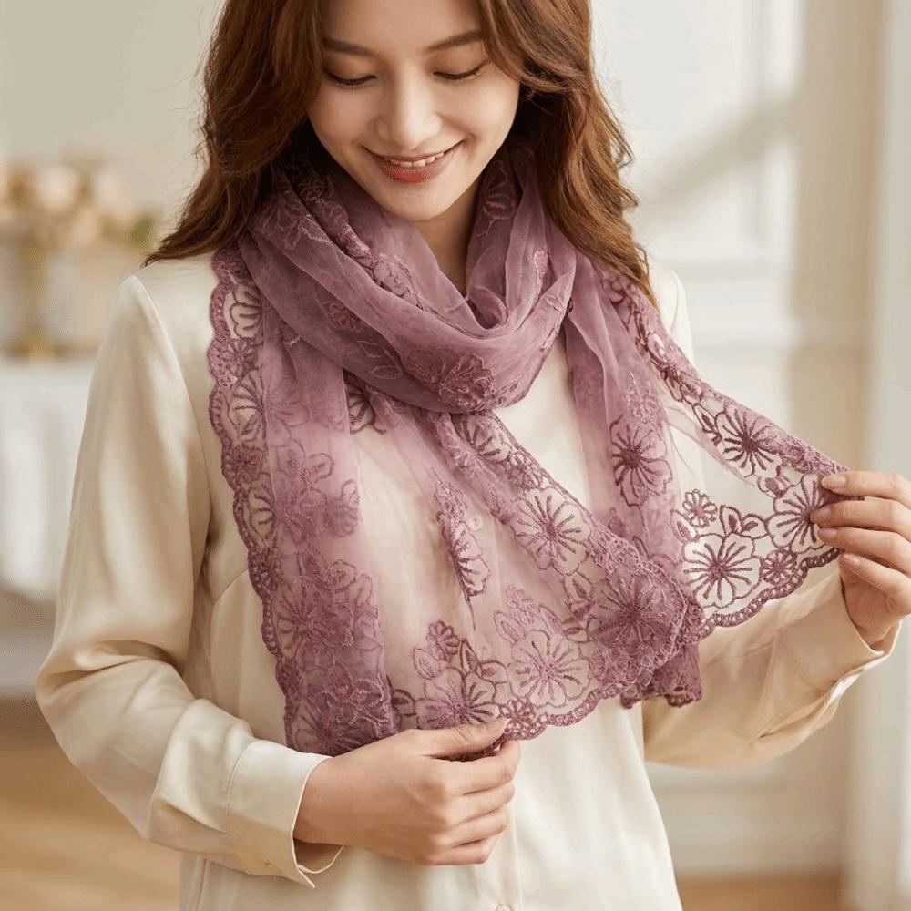Retro Elegant Lace Scarf Long Thin Retro Style Headscarf Thin Literary Embroidered Flower Shawl Sunscreen