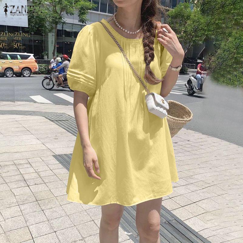 ZANZEA Women Casual Round Neck Summer Short Sleeve Dress