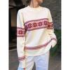 Retro Christmas Style Knitted Red Sweater Women's Round Neck Pullover Autumn Winter New Style Thickened Geometric Patterned Top