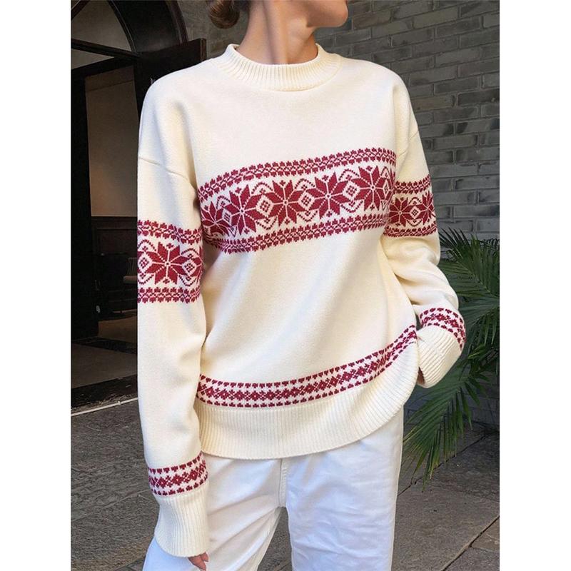 Retro Christmas Style Knitted Red Sweater Women's Round Neck Pullover Autumn Winter New Style Thickened Geometric Patterned Top