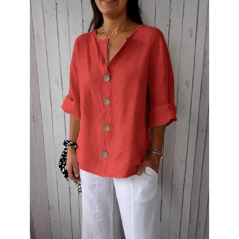 European American New Summer Loose T-shirts for Women V-neck Cotton Linen Button Tops