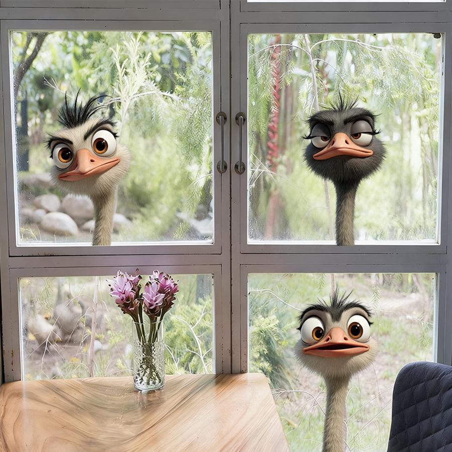 Static Cling Cartoon Ostrich Peeking Through Window Double Sided Same Color Glass Window Sticker Home Decor