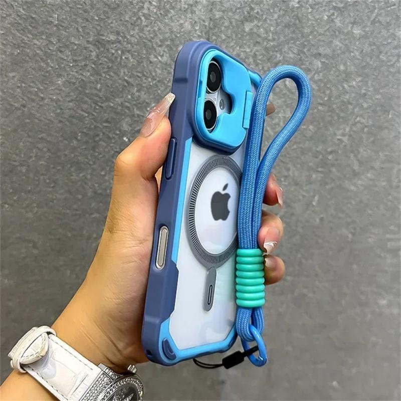 Armor Candy Color Clash For Magsafe Phone Case For 17 16 15 14 Plus 13 12 Pro Max Stand With Wrist Strap Phone Back Cover