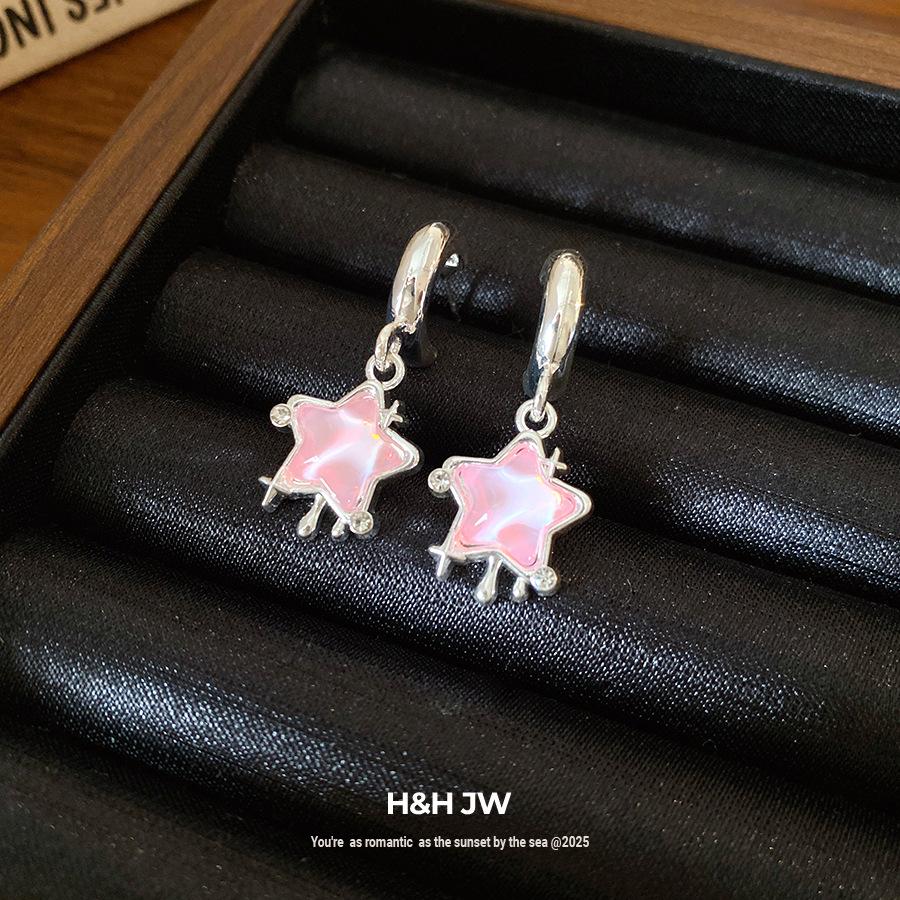 Silver Needle with Diamonds, Resin Star C-shaped Stud Earrings, Japanese and Korean Ins Sweet and Delicate Earrings, Niche High-end Earrings.