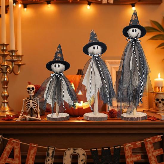 3Pcs Ghost Ornaments Wooden Halloween Decorations Adorable Shape Fabric Ghost Figures Table Decor Party Supplies