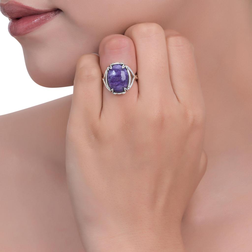 Natural Charoite Ring In 925 Sterling Silver - Statement Purple Gemstone with Elegant Leaf Design - Nature Inspired Jewelry Gift