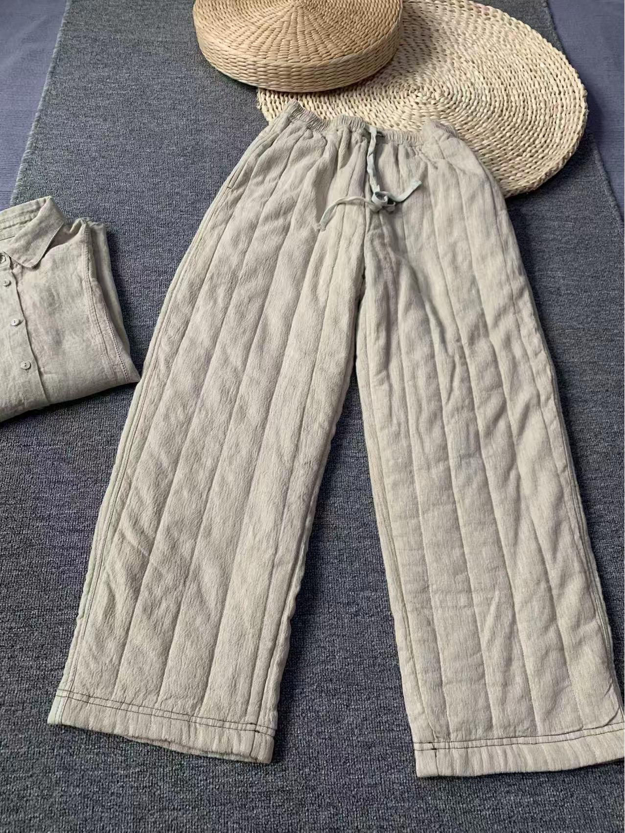 

Retro Zen Quilted Wide-Leg Hemp Pants – Artistic Warm Winter Trousers L (65-75 kg) белый