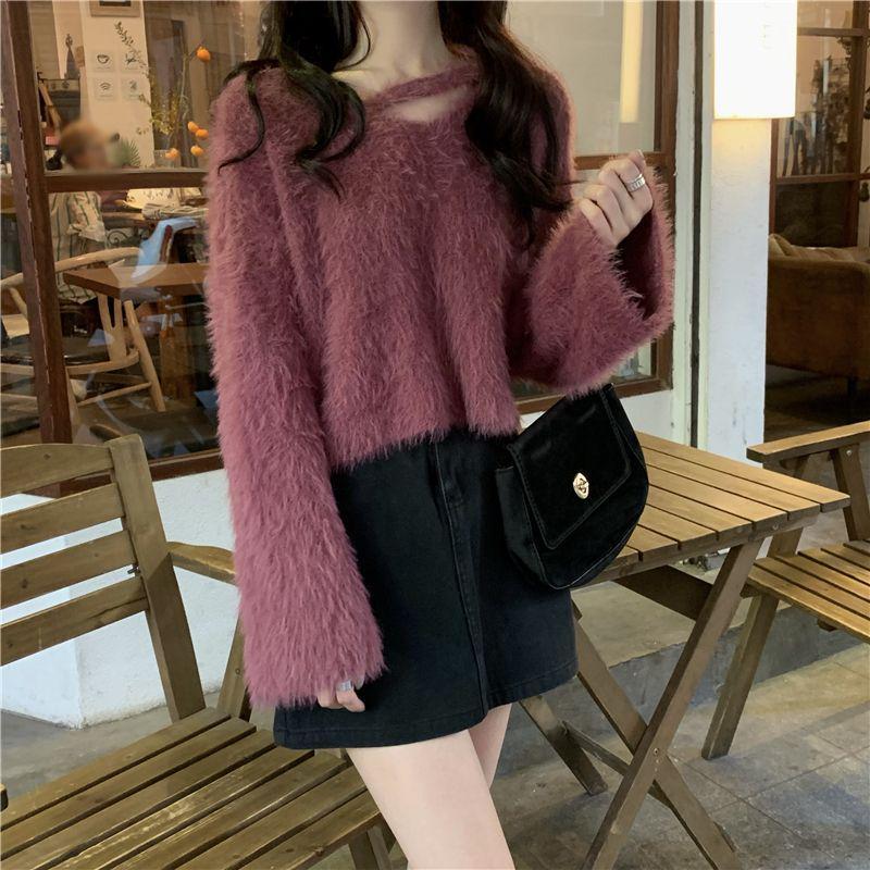 Trendy V-Neck Faux Mink Fur Sweater for Women - Autumn/Winter Cozy Knit Top