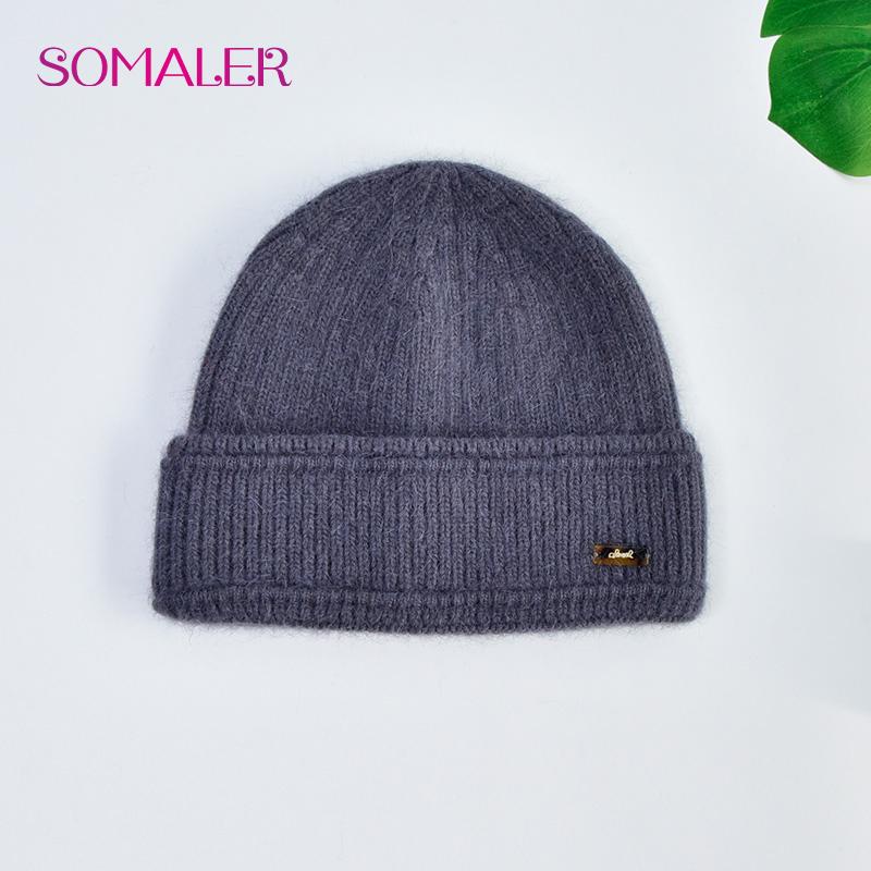 SOMALER Women's Autumn Winter Angora Knit Beanie Hat with Folded Cuff & Metal Badge Fashion Warm Cap 54-58cm