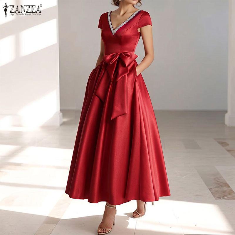 ZANZEA Women Elegant V-Neck Casual Short Sleeve Satin Long Dress