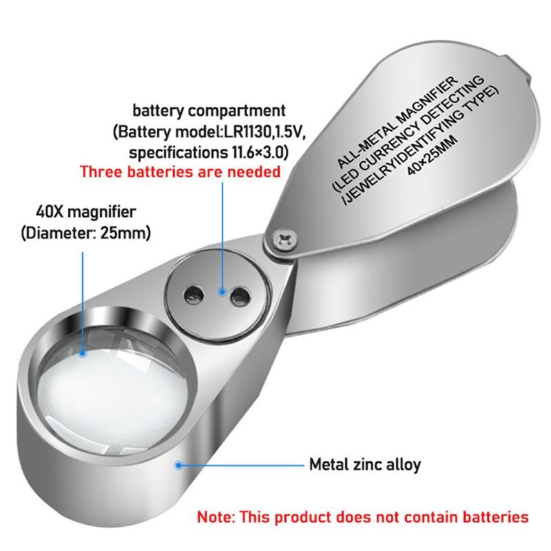 40X Full Metal Illuminated Jewelers Magnifier Best Pocket Folding Magnifying Glass Jewelers Lens Eye Loupe with LED