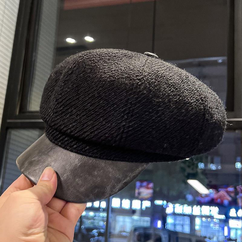 

Ретро восьмиугольная шляпа пэчворк с леопардовым принтом и кожаной отделкой для женщин, универсальная для осени и зимы, кепка газетчика в британском стиле, шляпа художника, тренд M（56-58cm）