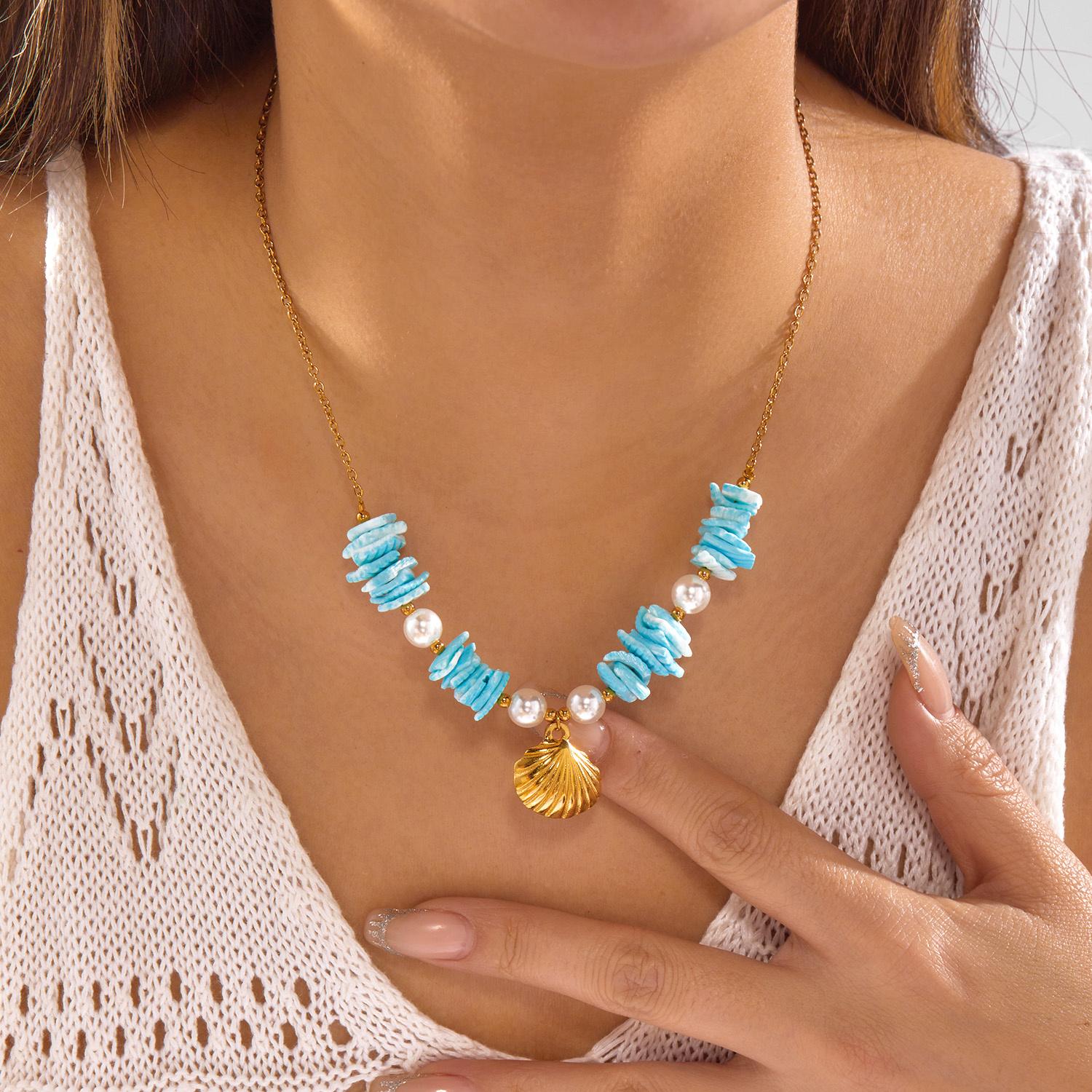

Summer Beach Vacation Necklace For Women Starfish Shell Pendant Irregular Stone Choker Neck Chain Hawaiian Holiday Party Jewelry