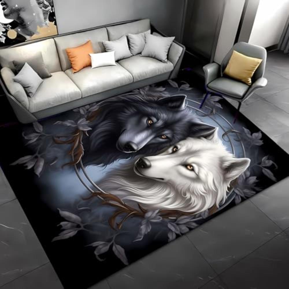 Living Room Rug Bicolor Mascot Silhouette Innocent Golden Eyes Printed Solid Black Backdrop House Apartment Floor Carpet