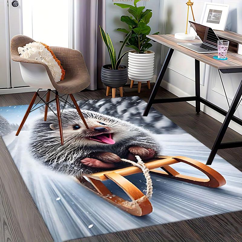 1pc Hedgehog Sledding Chair Mat - Anime Cartoon Design, Winter Wonderland Decor, Non-Slip Office Rug for Home and Workplace.C057