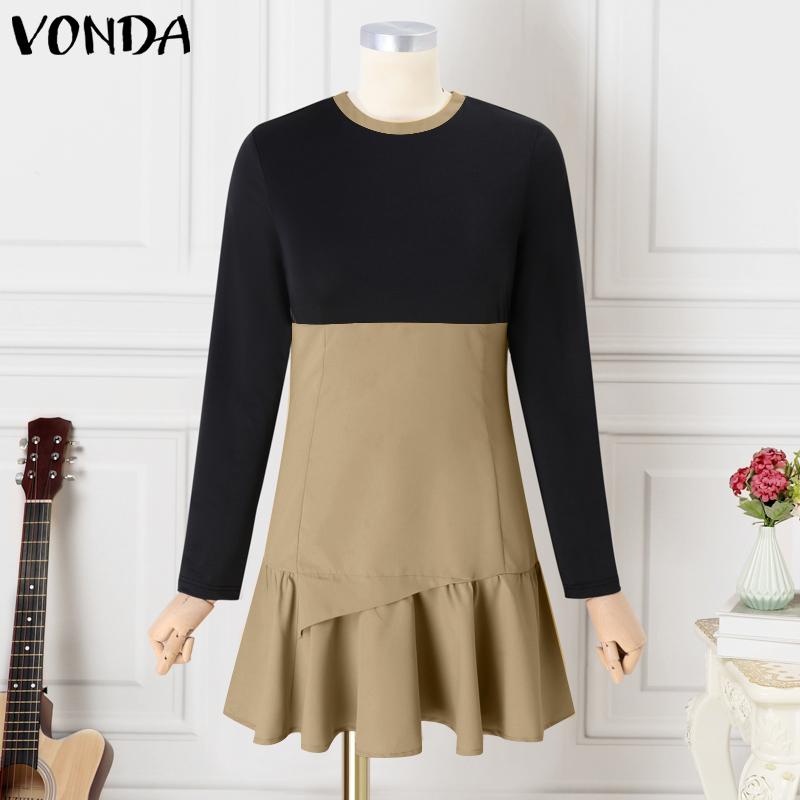 VONDA Women Round Neck Long Sleeve Patchwork Pleated Dress Nonelastic S