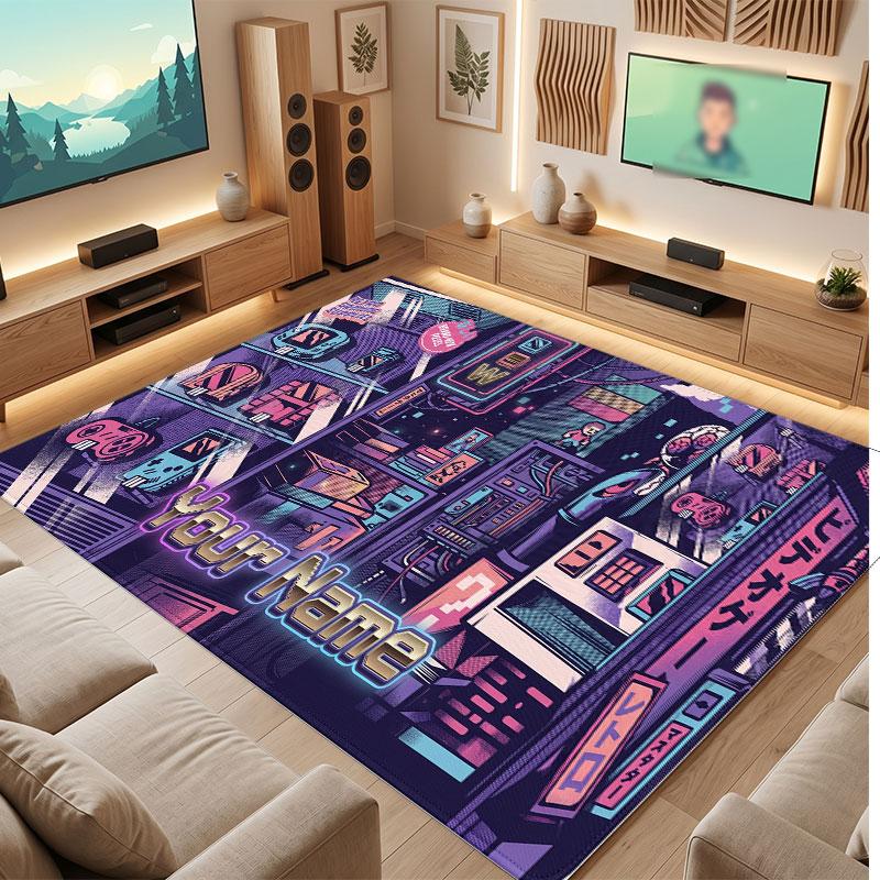 City Cyberpunk Theme Crystal Velvet Floor Rug Personalized Custom Name Text Warm Carpet Home Decoration