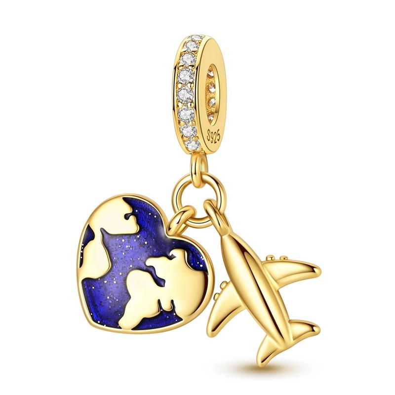 Original 925 Sterling Silver Charms Earth Passport Airplane Globe Compass Pendant Earrings Bracelet For Women Jewelry Set Gift