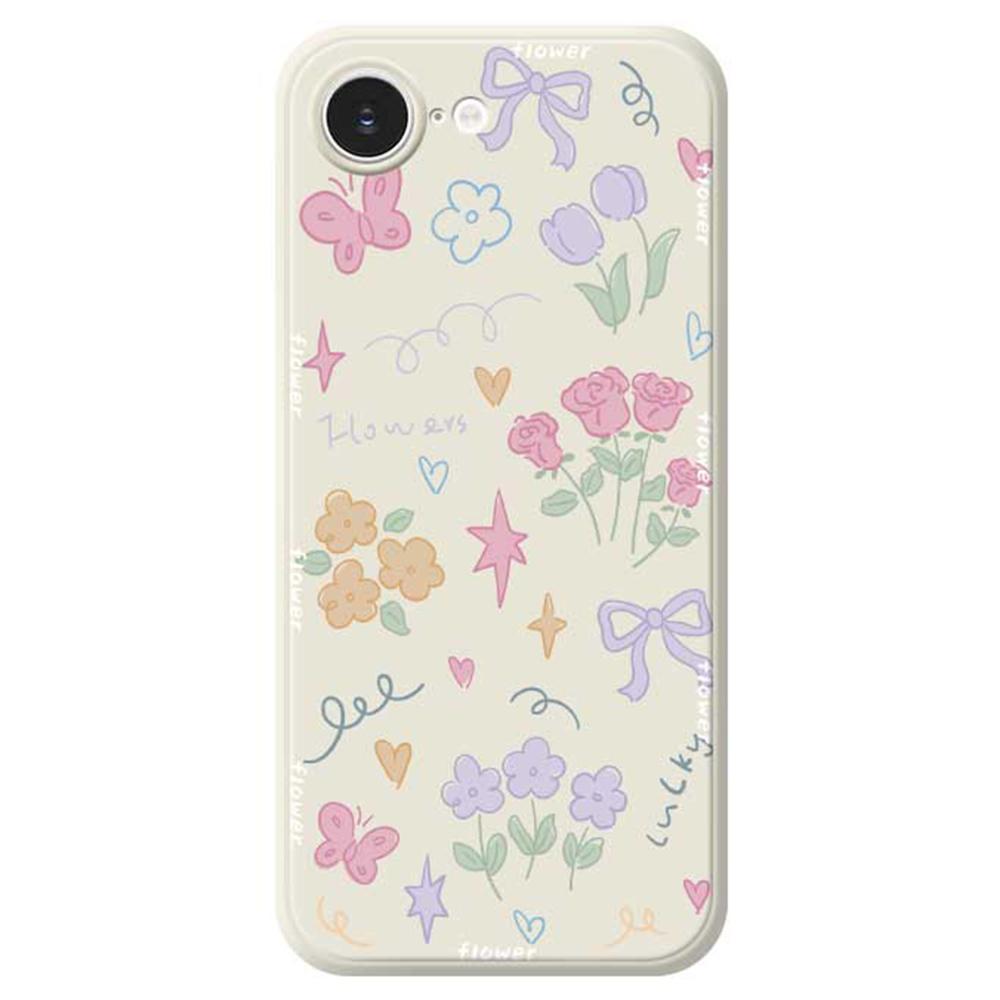

For iPhone 16e Case Cute Lucky Flowers Pattern Printing Straight Edge TPU Phone Back Cover Beige