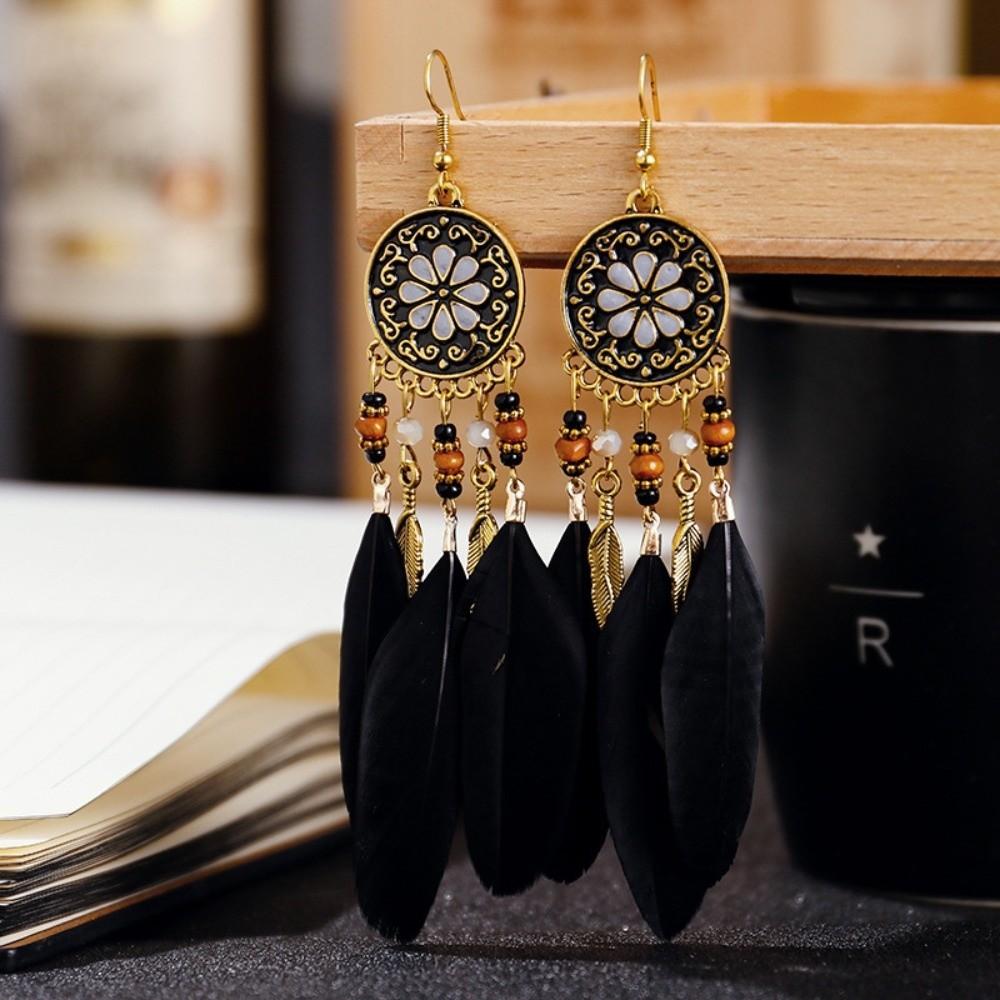 Boho Feather Earrings Ethnic Leaf Shape Long Dangle Tassel Earring Jewelry Accessories Dream Catcher Women Drop Earrings Wedding