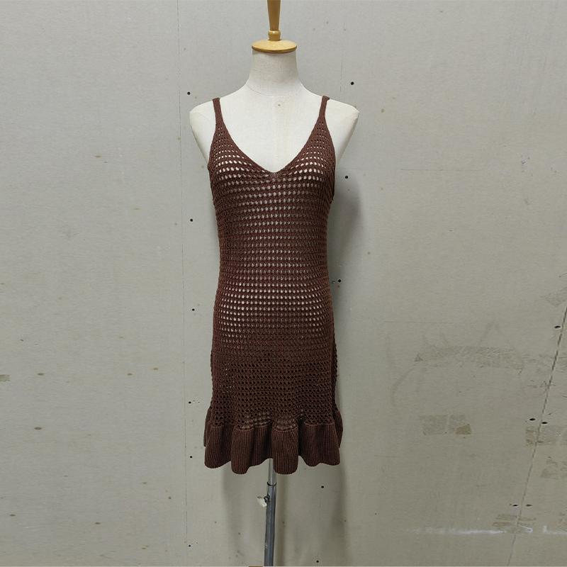 

Летнее женское трикотажное мини-платье с оборками и вырезом Женское прозрачное платье с V-образным вырезом для отдыха на пляже Повседневная одежда Платье One Size темно-коричневого