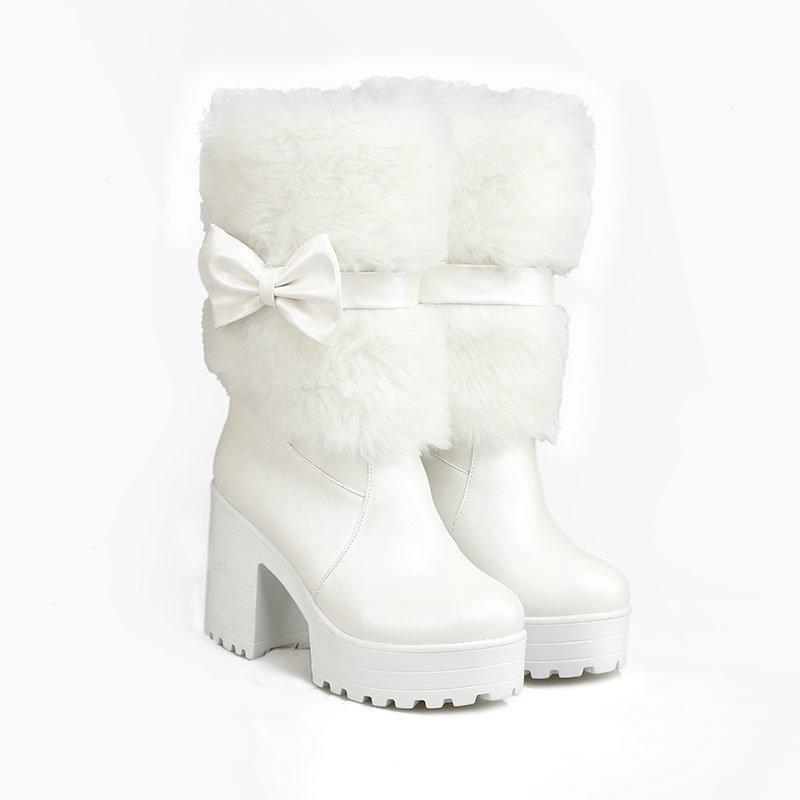 Snow Boots Women'S Sweet Medium Tube Bow Thick Heel Women'S Boots High Heel Hairy Lolita Student Lolita Short Boots