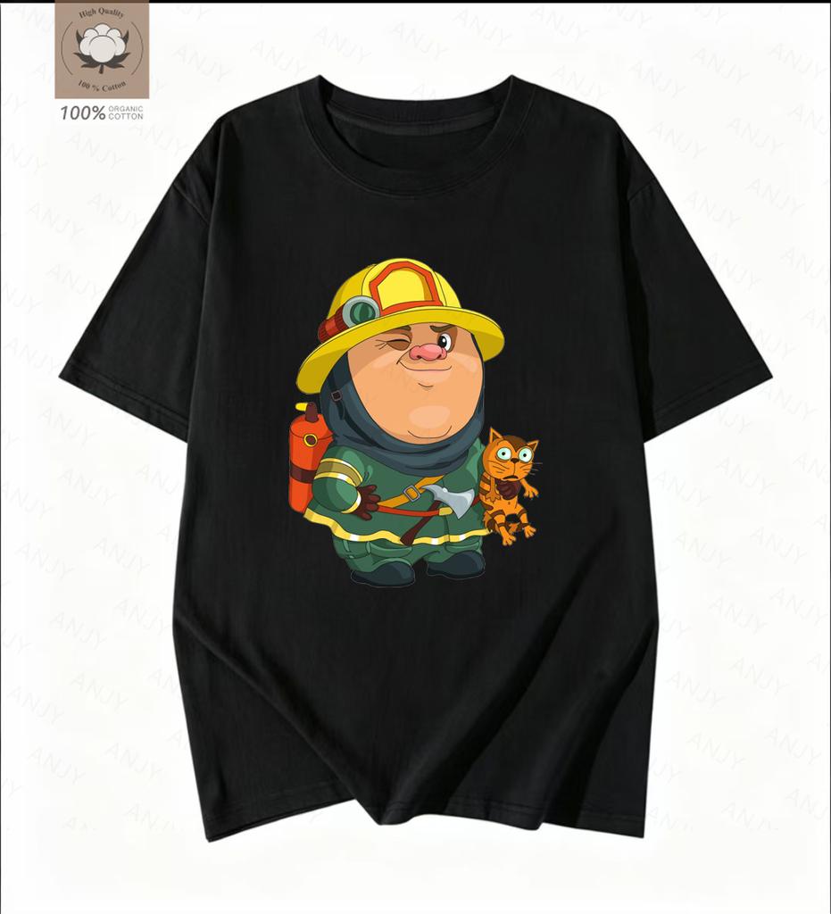 Simple Cartoon Firefighter Printed Tshirt Pays Tribute To The Daily Commuting Short Sleeved Reverse Traveler