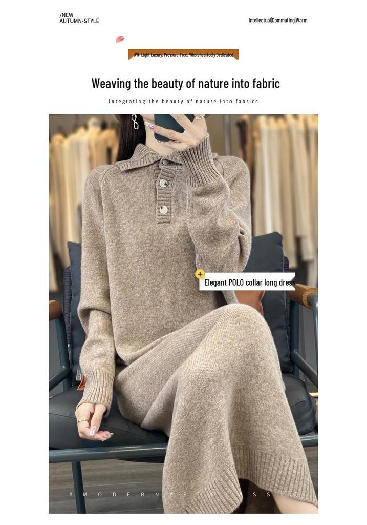 Women's 2024 Japanese Knit Polo Collar Wool Dress with Coat - Knee-Length, Thick and Stylish for Winter