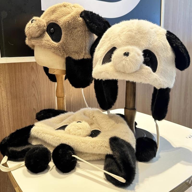 Cute three-dimensional panda furry children autumn and winter cartoon warm windproof face small ear hat male cute