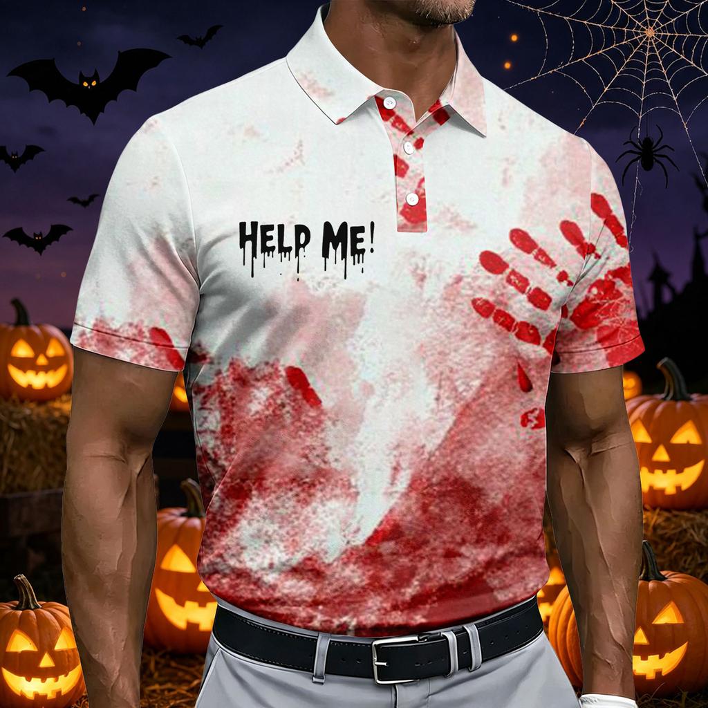 Men's Short Sleeve Halloween Themed Printed Polo Shirt with Handprint and Letter Pattern Casual Summer Top for Parties and Events