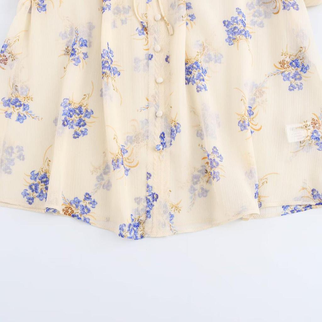 2025 Spring/Summer Floral Print Semi-Sheer Tie Long Sleeve Women's Shirt