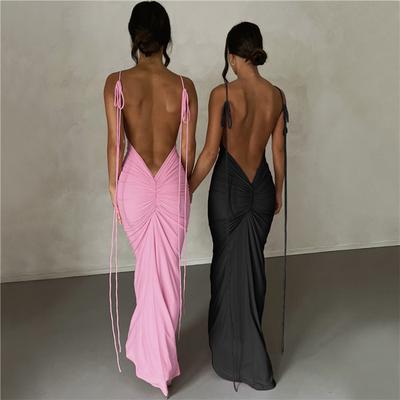 Fashion Elegant Women Deep V-neck Sexy Sleeveless Strap Mini Dress High Waist Halter Neck Long Dresses Backless Slim Dresses Party Dress