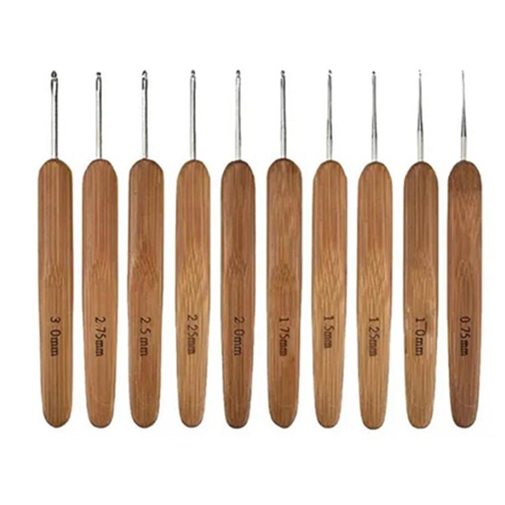 10pcs Crochet Hook Portable Practical Ergonomic Wooden Handle Metal Crochet Needle Knitting Tools