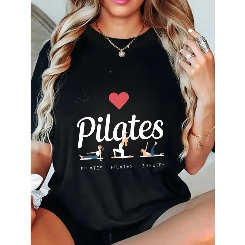 Pilates T-Shirt Schwarz Pilates Herz und Posen Druck für Workout- und Gymnastikkleidung