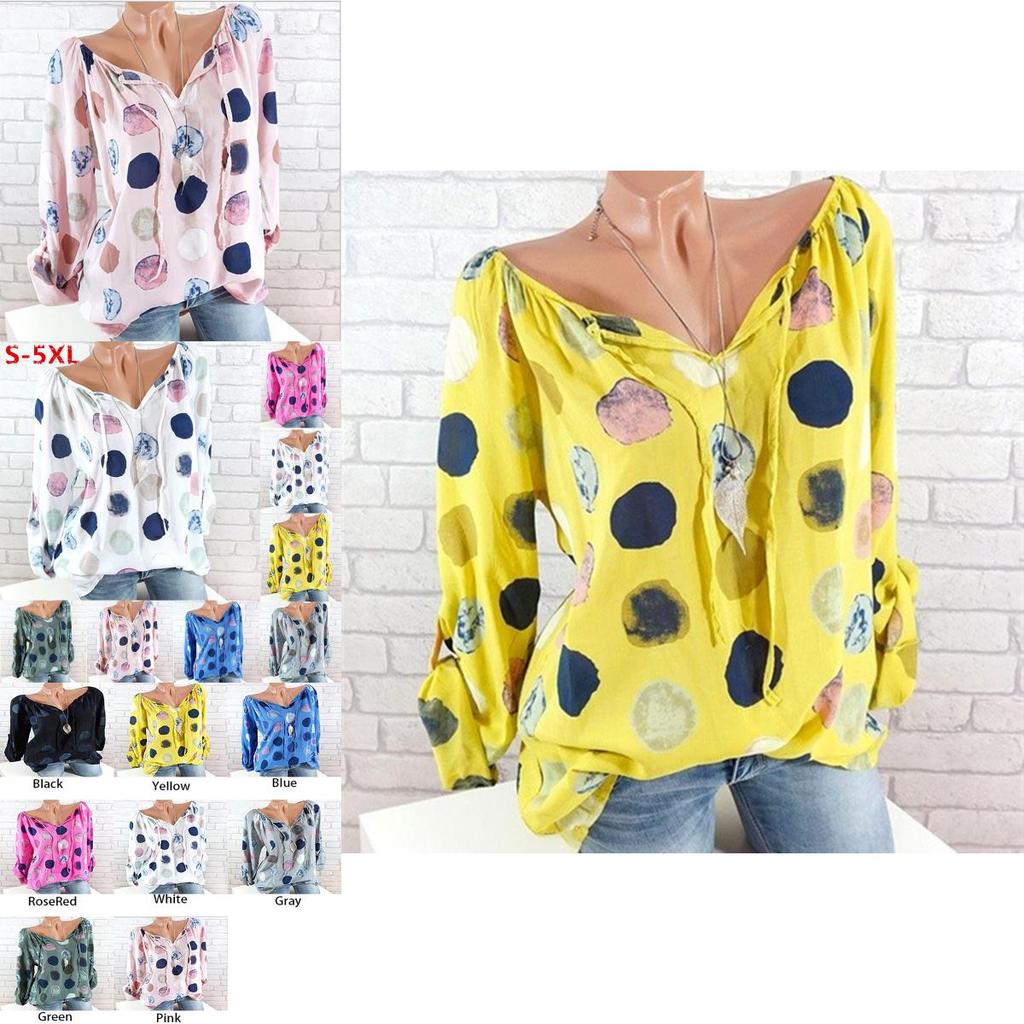 Elegant Women Summer Fashion Long Sleeve Blouse V-neck Stylish Dot Printed Shirts Tops
