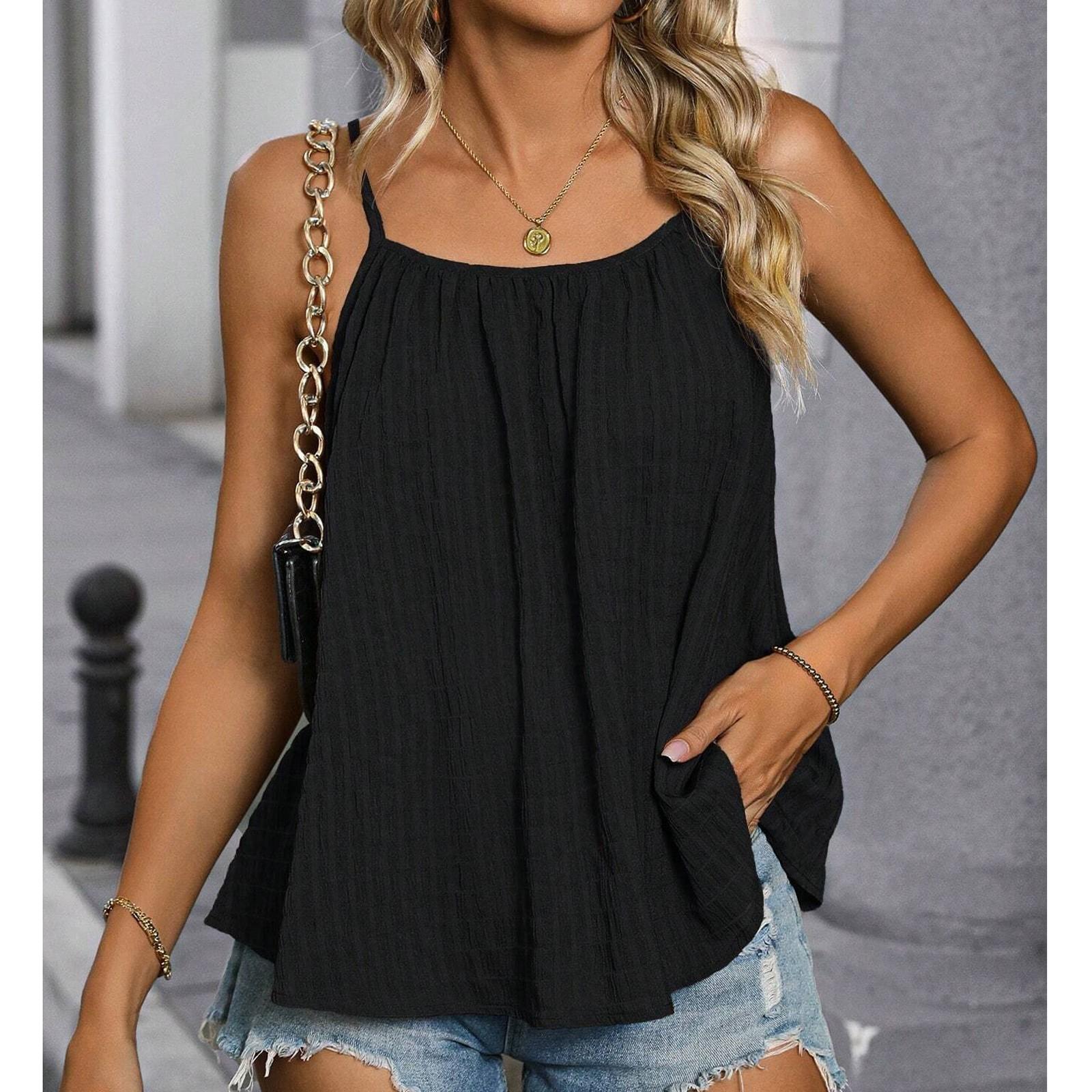 

Женский повседневный однотонный свободный плиссированный топ-майка без рукавов S чёрный