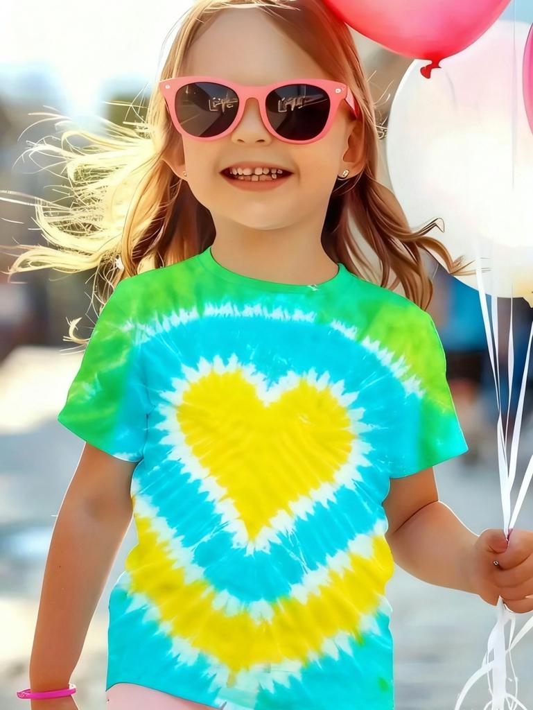 Girl Clothing Heart Tie Dye Print Summer Kids Short Sleeve T-Shirt Cute Round Neck Boy Girl Tee Outdoor Cute Children's Clothing