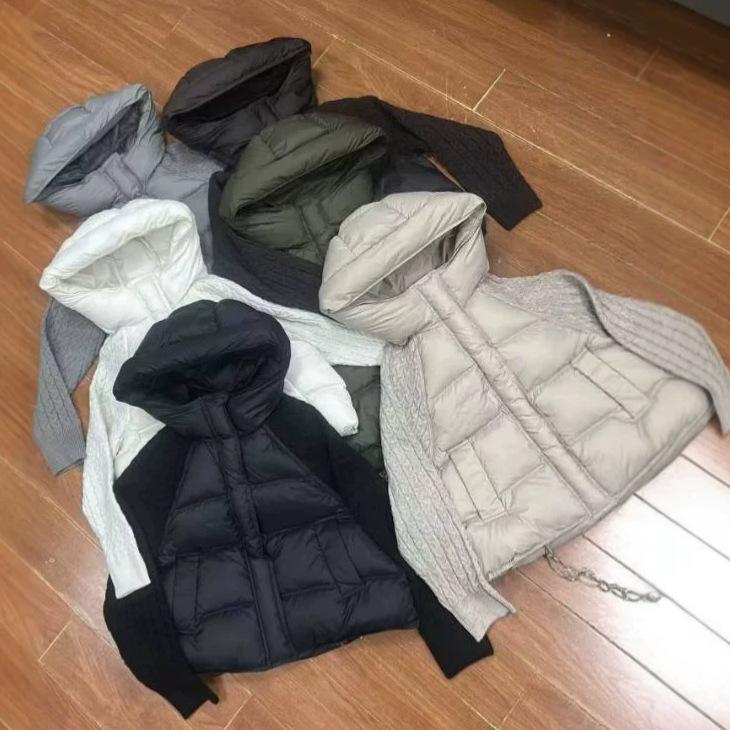 Winter new hooded knitted sleeves down jacket women's short thickened warm splicing foreign style jacket tide
