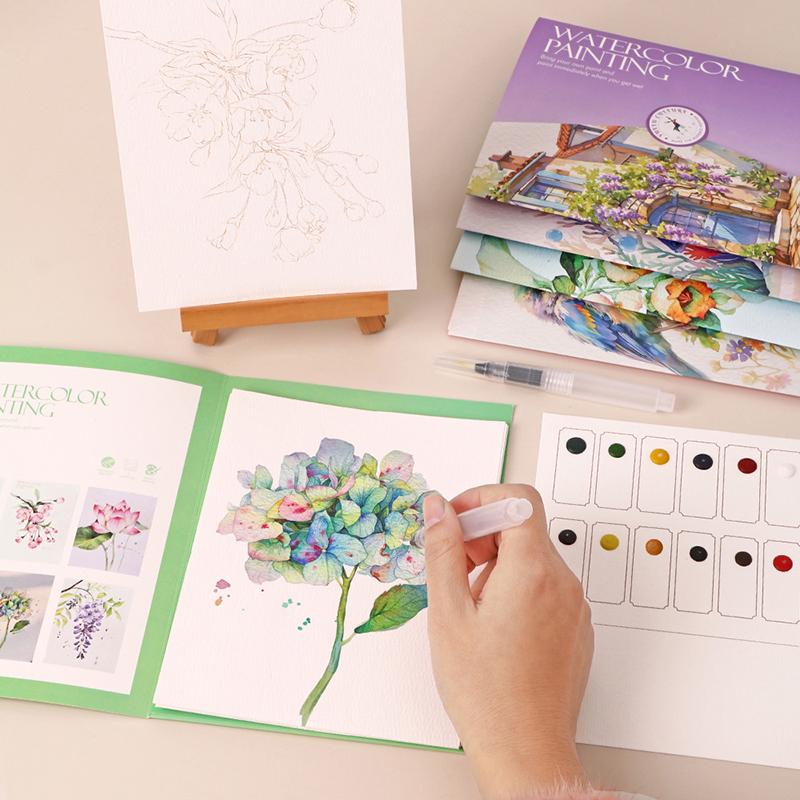 1Set Creative Watercolor Painting Set With 12-Color Solid Paint Kids Stress Relief Coloring Book Parent-Child Watercolor Art Kit