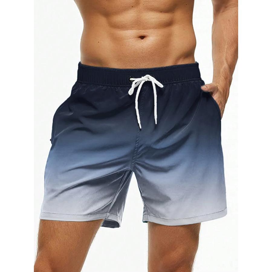 Men's Beach Shorts Gradient Color Block Drawstring Summer Men's Swim Trunks Elastic Waist 3D Print Breathable Short Streetwear