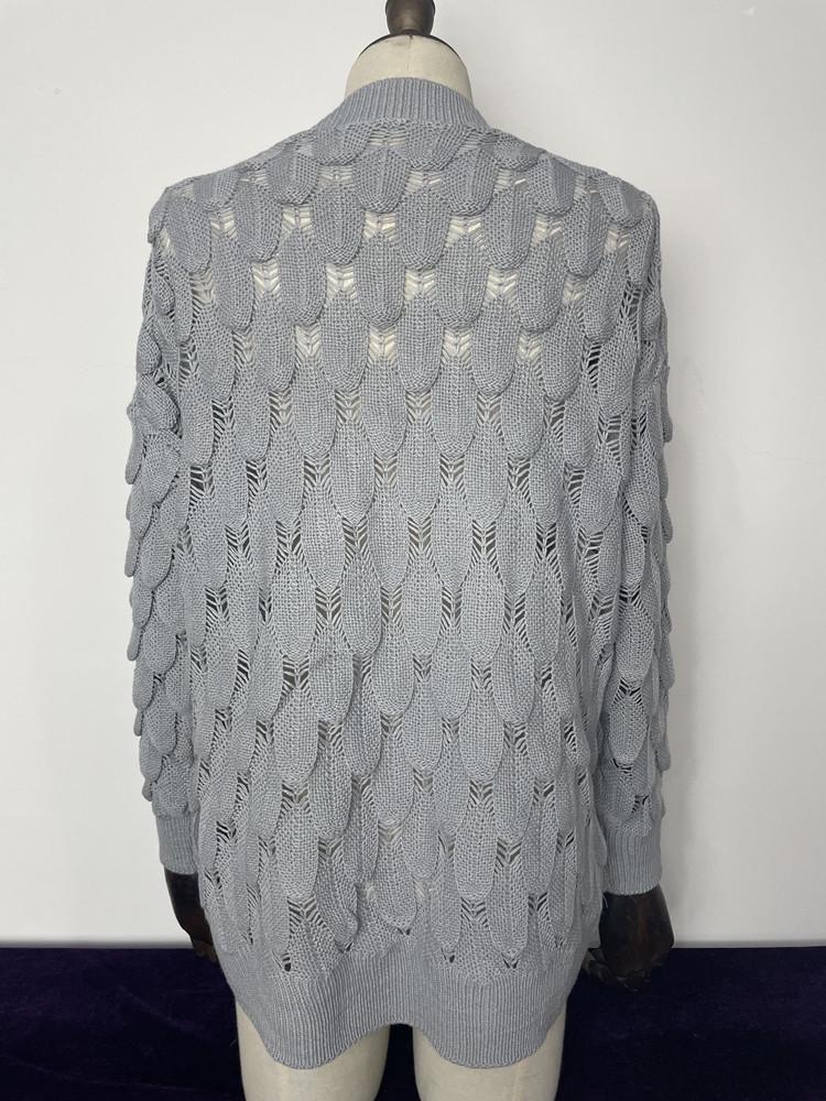 European & American Winter V-neck Hollow Feather Knit Sweater for Women
