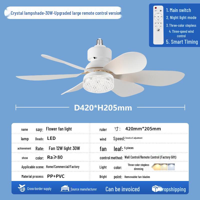Ferngesteuerte LED-Blumen-Ventilatorleuchte mit E27-Sockel und stufenloser Dimmung für Zuhause