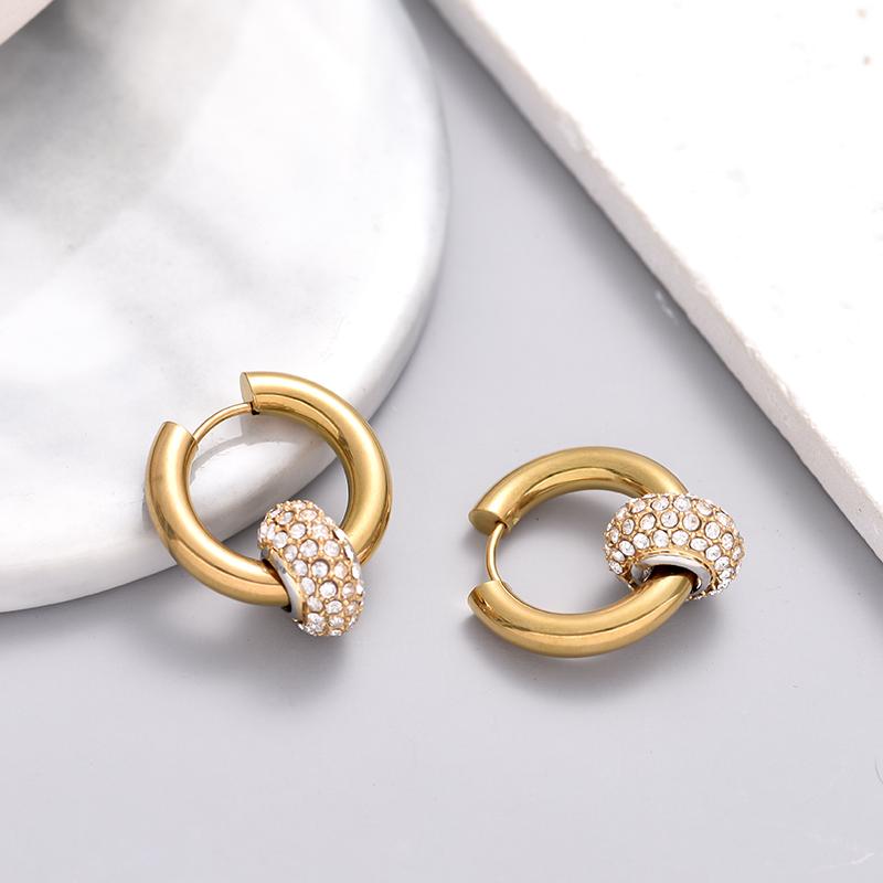 Classic Women's Hoop Earrings Stainless Steel Crystal Rhinestone Round Geometric Gold Silver Color Vintage Jewelry Party Gift