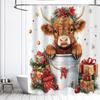 Cute Christmas Highland Cow Shower Curtain Waterproof Polyester For Bathroom Decor,Merry Xmas Red Western Rustic Bull Floral
